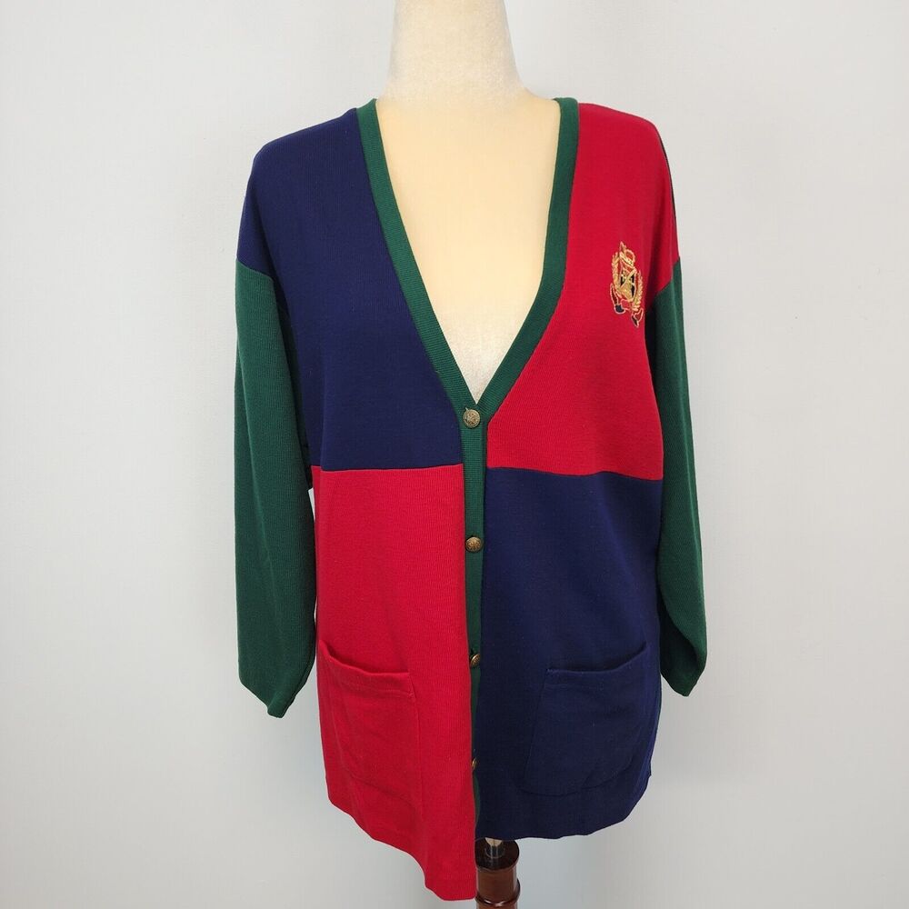 Vintage Colorblock Cardigan Sweater Size L Red Green Academia Company Collection